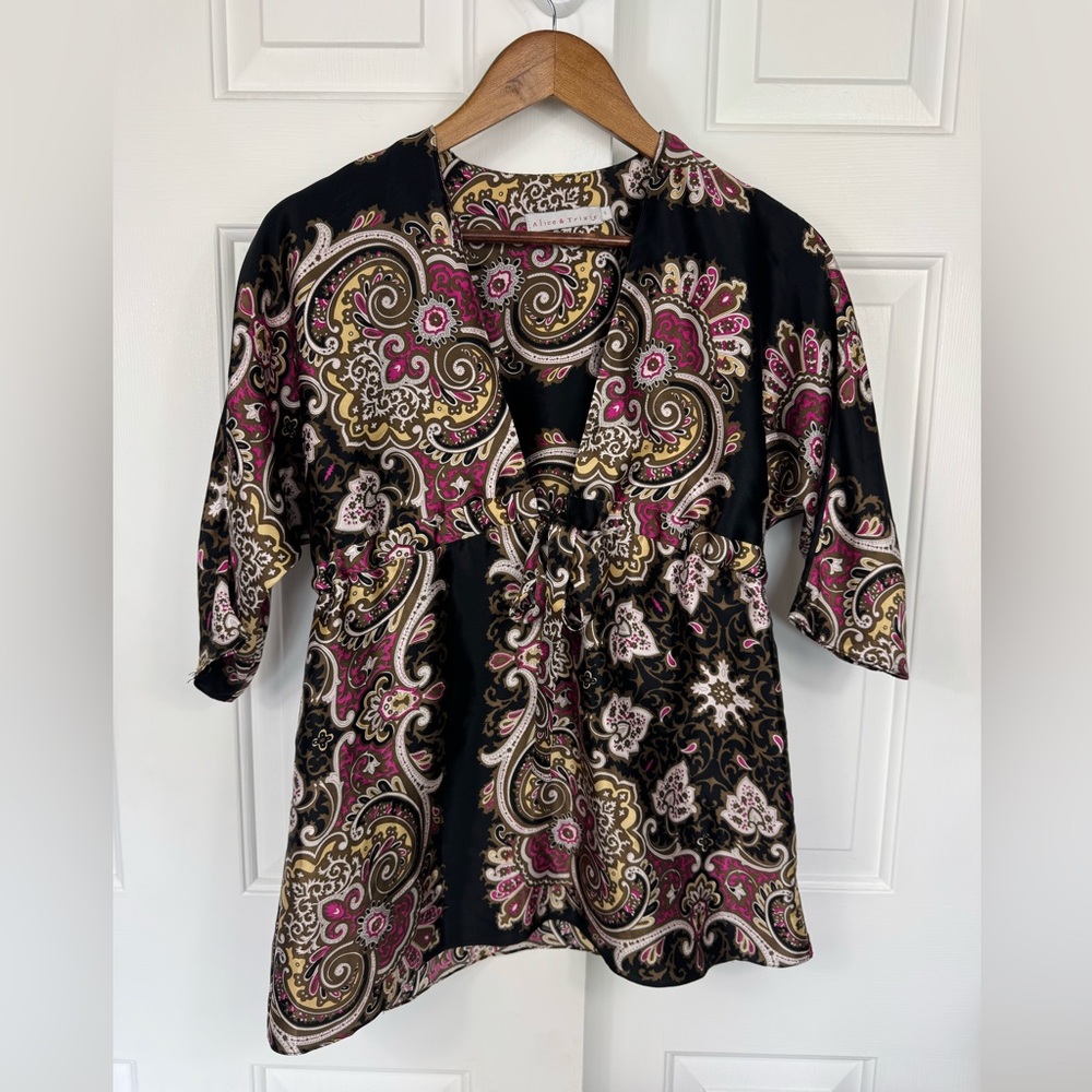 Alice +‎ Trixie Blouse Silk Black Multicolor Print 3/4 Tunic Sleeve Size S